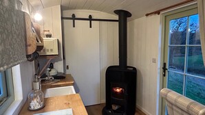 Une cuisine chaleureuse avec un poêle à bois, un plan de travail en bois et une vue sur l’extérieur par une porte.