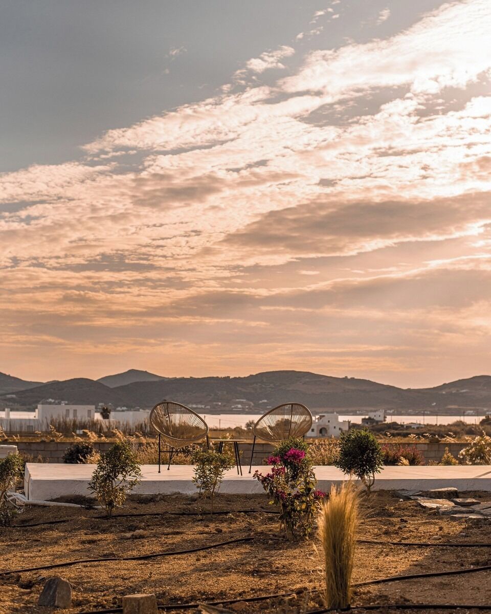 A landscape with a chair, small trees, and a distant view of hills.