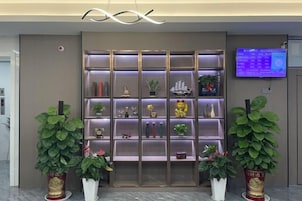 Un área de recepción con una estantería moderna que exhibe diversos objetos decorativos y plantas, un panel informativo digital y dos plantas en macetas.