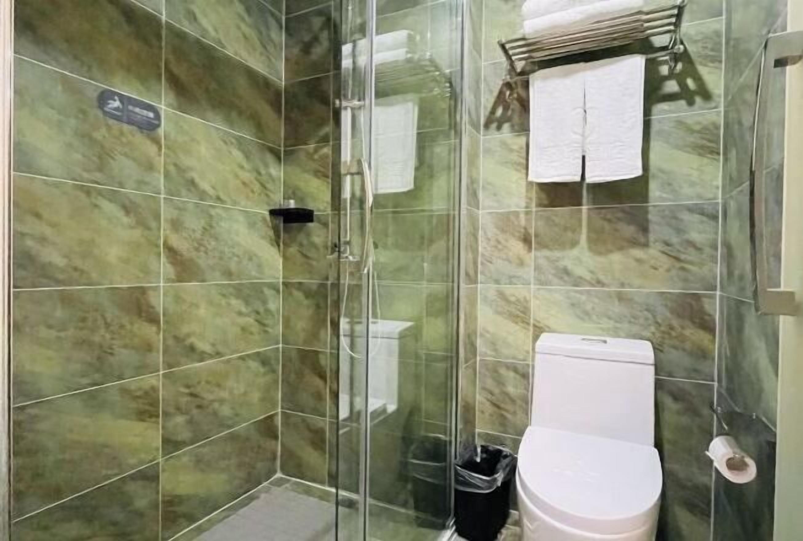 A bathroom with a glass shower enclosure, a toilet, and a towel rack.