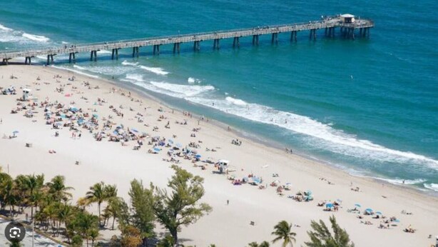 Una playa con un muelle que se adentra en el agua, palmeras y gente tomando el sol.