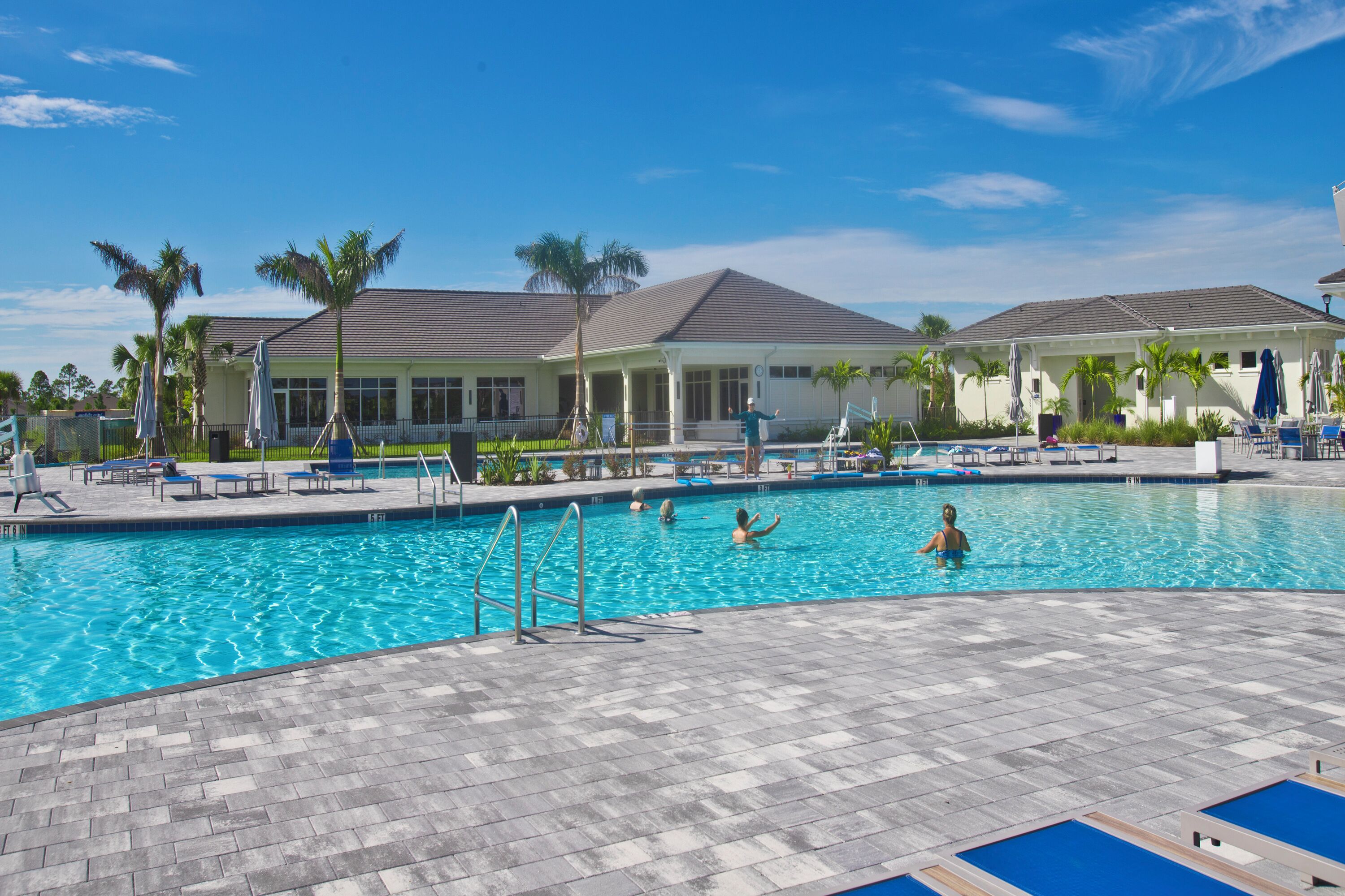 A swimming pool with lounge chairs and palm trees.