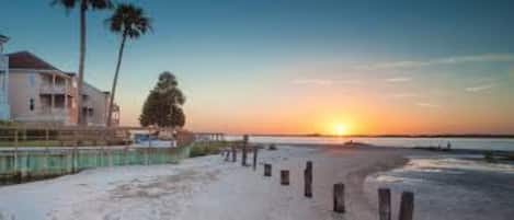 On the beach, sun loungers