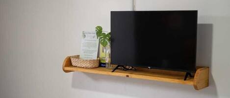 Un televisor de pantalla plana montado en un estante de madera, con una planta y un folleto a su lado.