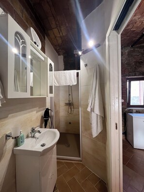 Hair dryer, towels, soap, toilet paper