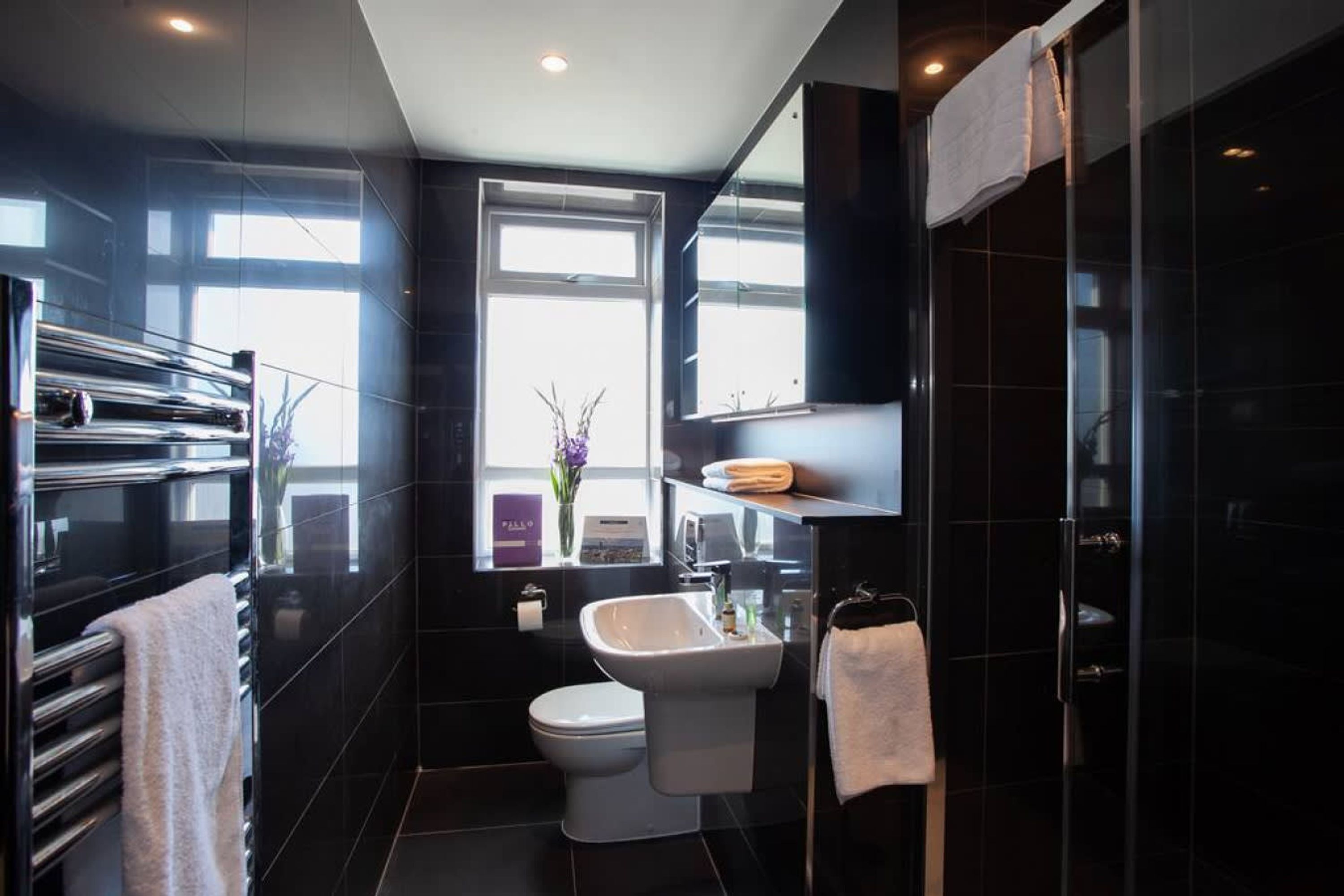 Un baño moderno con inodoro, lavamanos y perchero para toallas.