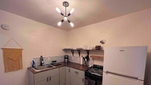 Una cocina compacta con estufa integrada, refrigerador y pileta.