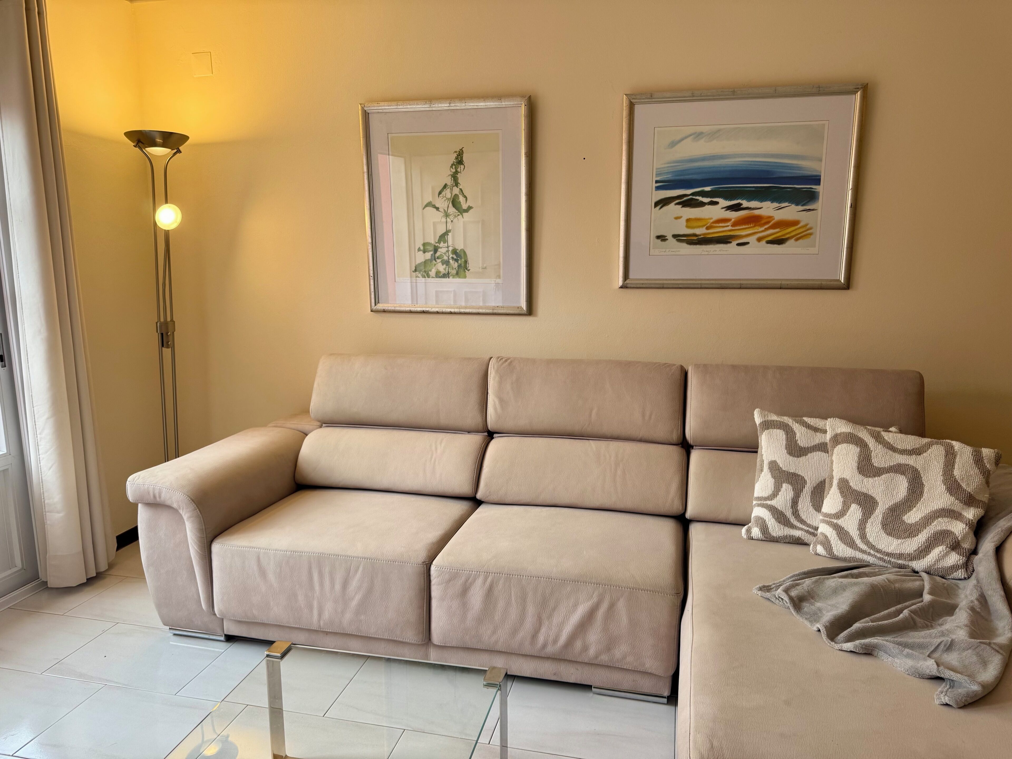 Un sofá color beige con un cojín estampado, una lámpara de pie y dos cuadros en la pared.