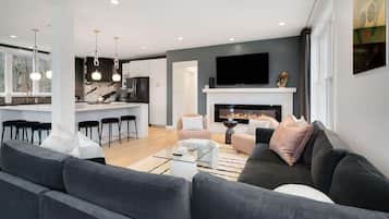 Televisio, takka, työhuone