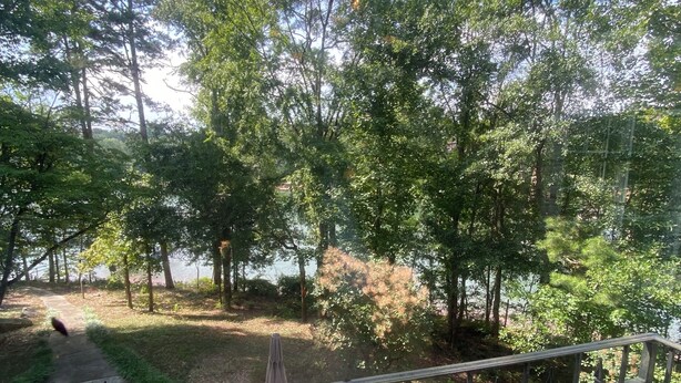 A patio area with a table and chairs, surrounded by a metal fence, overlooking a body of water and dense trees.