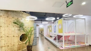 A play area with a wooden wall, a hanging plant, and a ball pit. - Shizuishan Jinguan Hotel (Shizuishan)