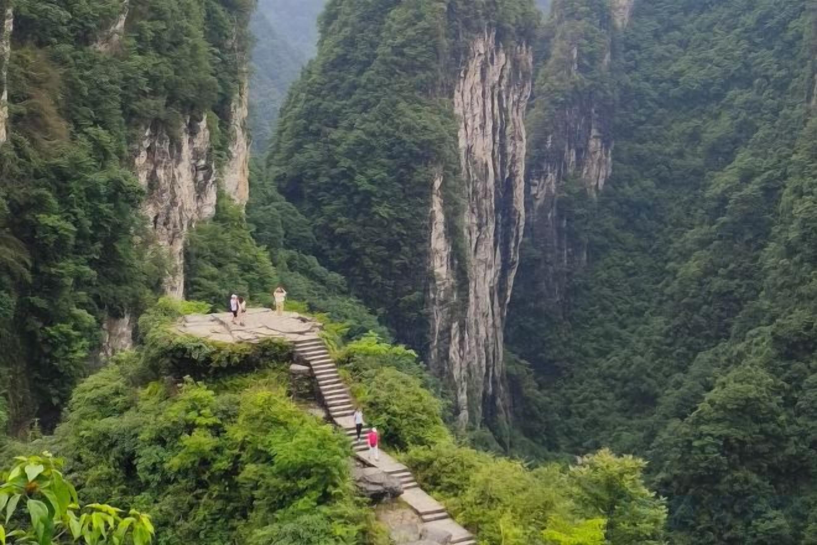 Un estrecho sendero de piedra serpentea a través de un paisaje montañoso exuberante, flanqueado por acantilados escarpados.
