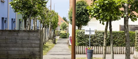 Rua residencial com casas, calçada e árvores.