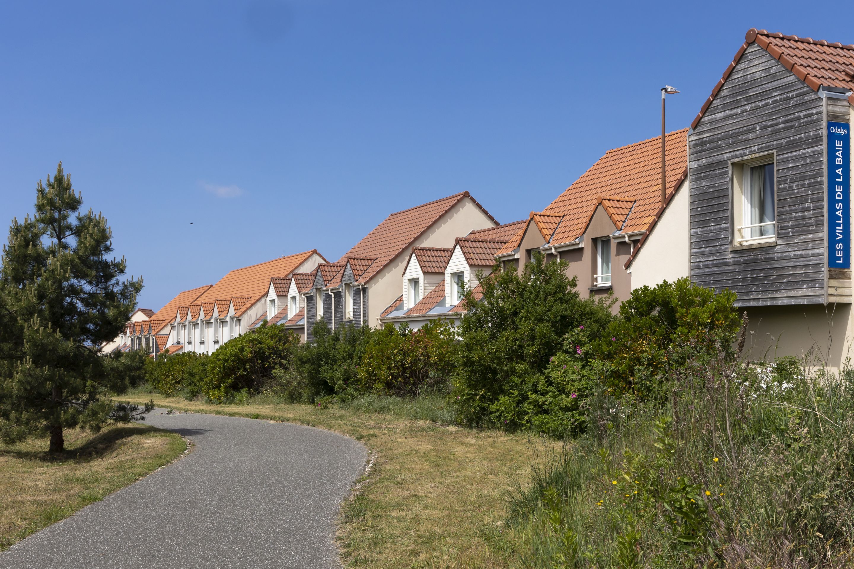 A row of houses with red-tiled roofs and a paved path leading through a grassy area.