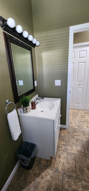 Hair dryer, towels, soap, shampoo
