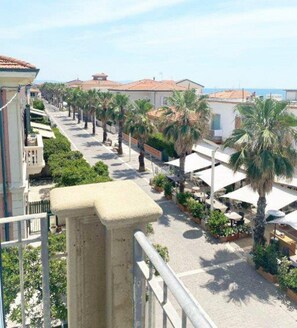 A coastal street lined with palm trees and buildings with red-tiled roofs. - Zì Maria (Cecina)