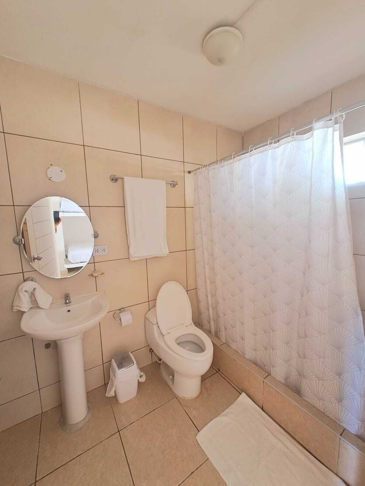 Un baño con lavamanos, inodoro, espejo y cortina de ducha.