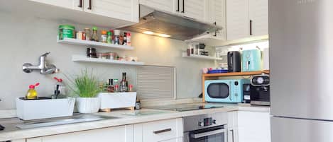 Frigorífico, microondas, horno y placa de cocina