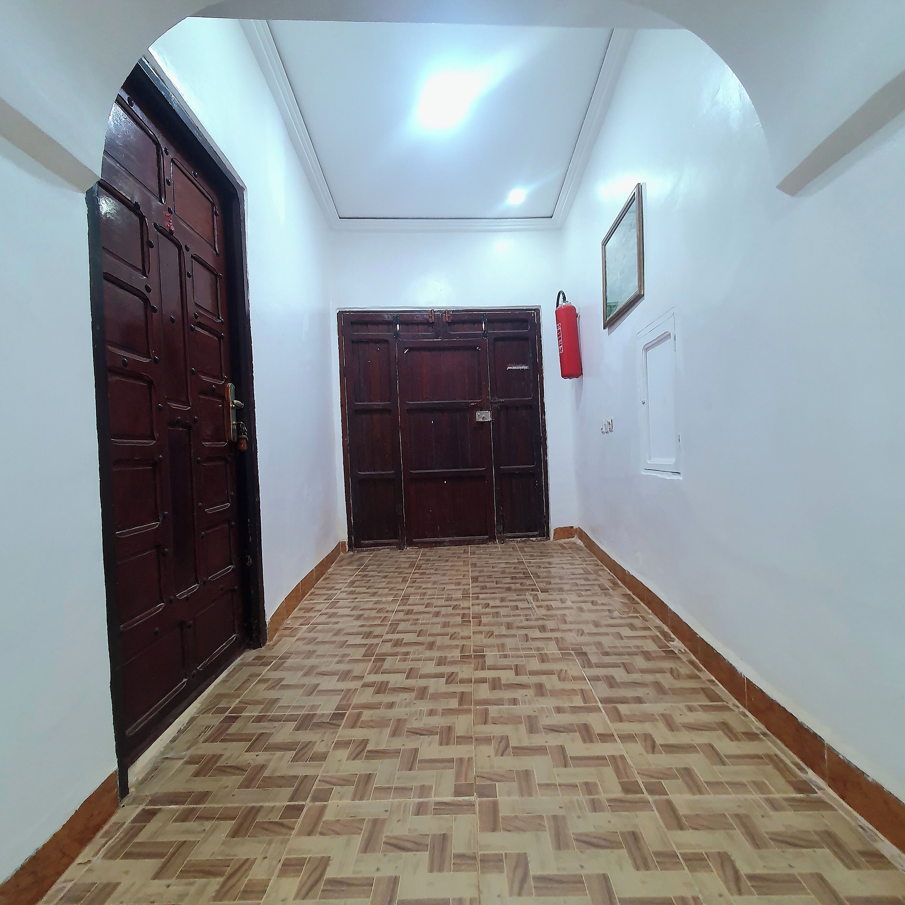 Un pasillo con suelo estampado, dos puertas de madera oscura, un extintor rojo y un cuadro en la pared.