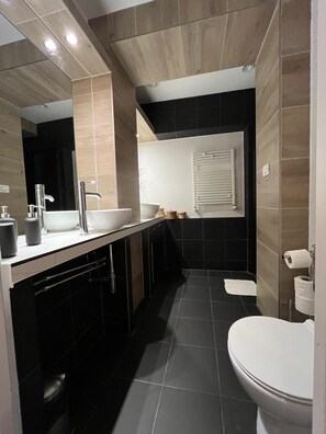 Ducha, secador de pelo, toallas y jabón