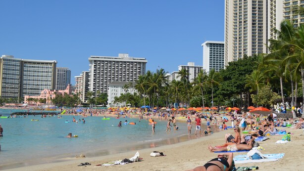 Una playa con palmeras, gente tomando el sol y edificios altos al fondo.
