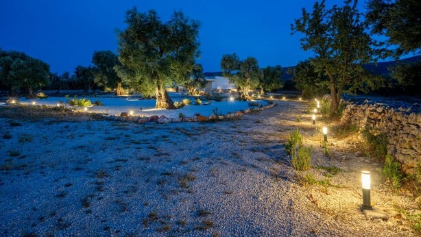 A gravel pathway leading to a building with trees and outdoor lighting.