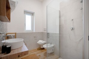 Shower, hair dryer, bidet, towels