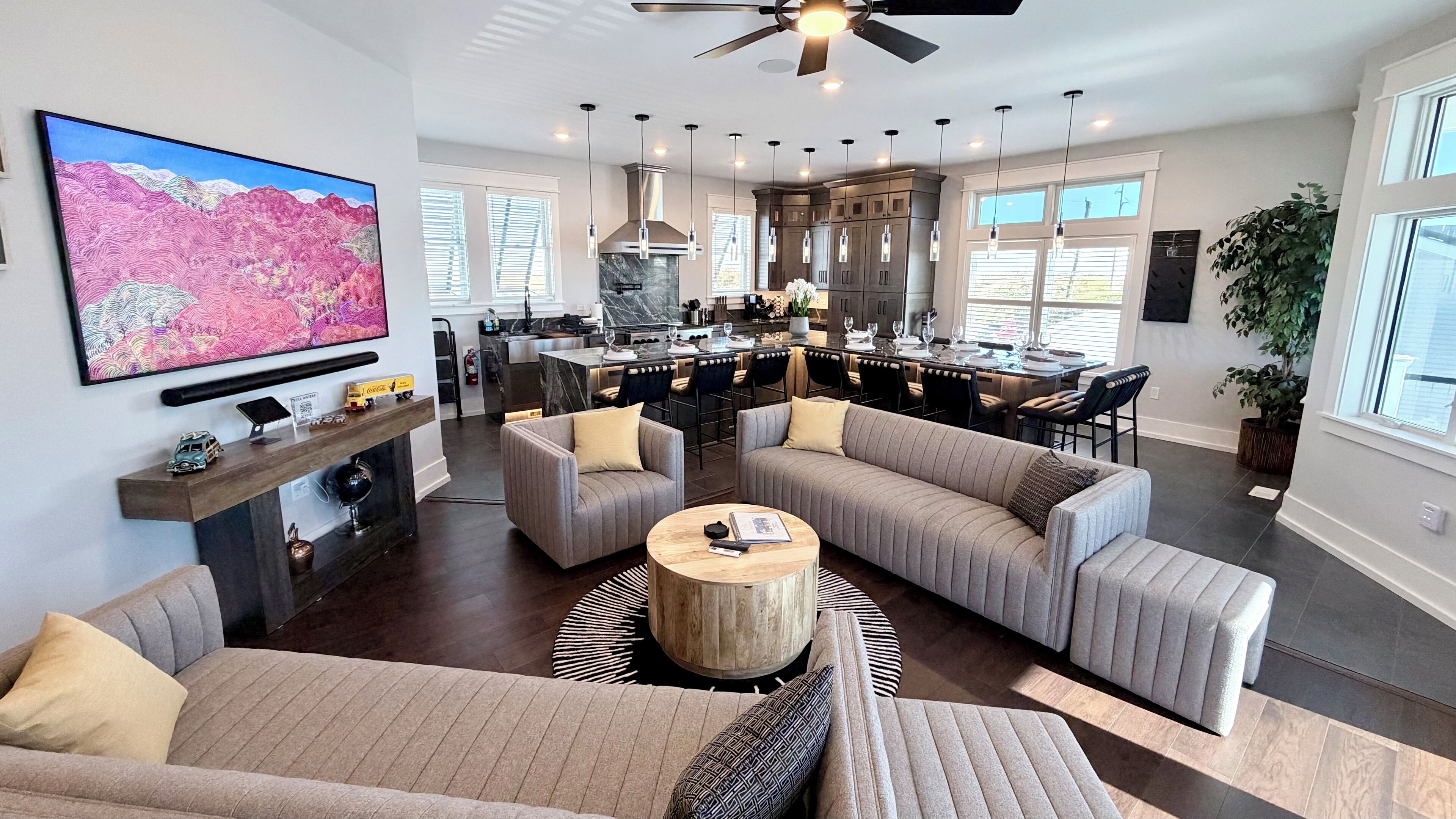 Open Plan living at its finest - Living Room & GE Cafe Chef’s Kitchen!