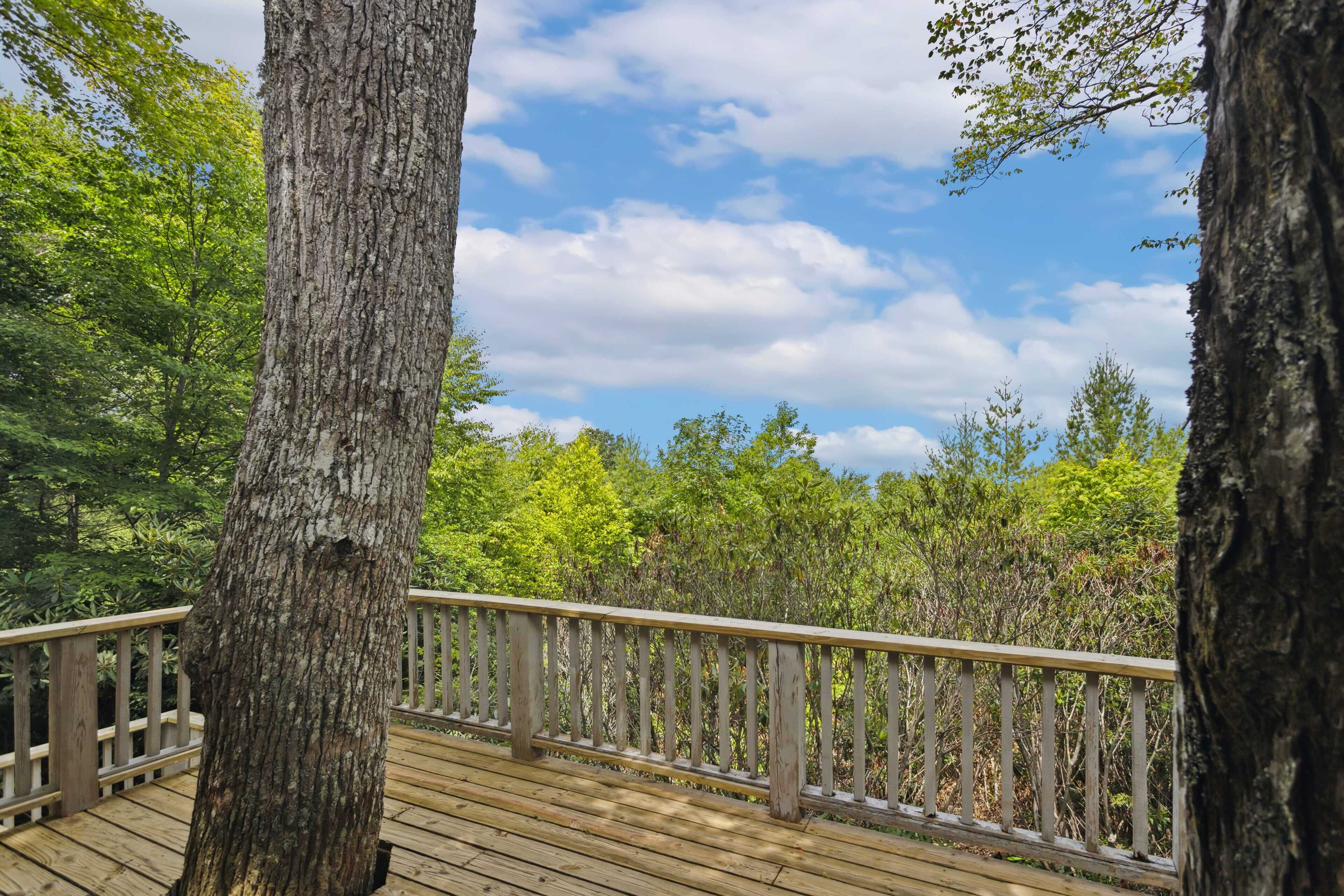 Eine Holzterrasse mit Geländer, umgeben von Bäumen und blauem Himmel.
