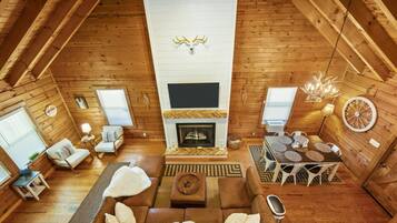 Smart TV, fireplace, books