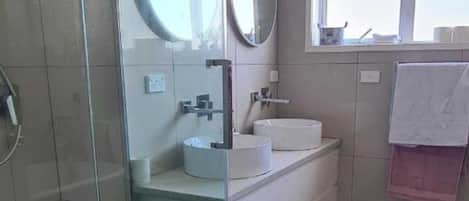Shower, hair dryer, towels, soap