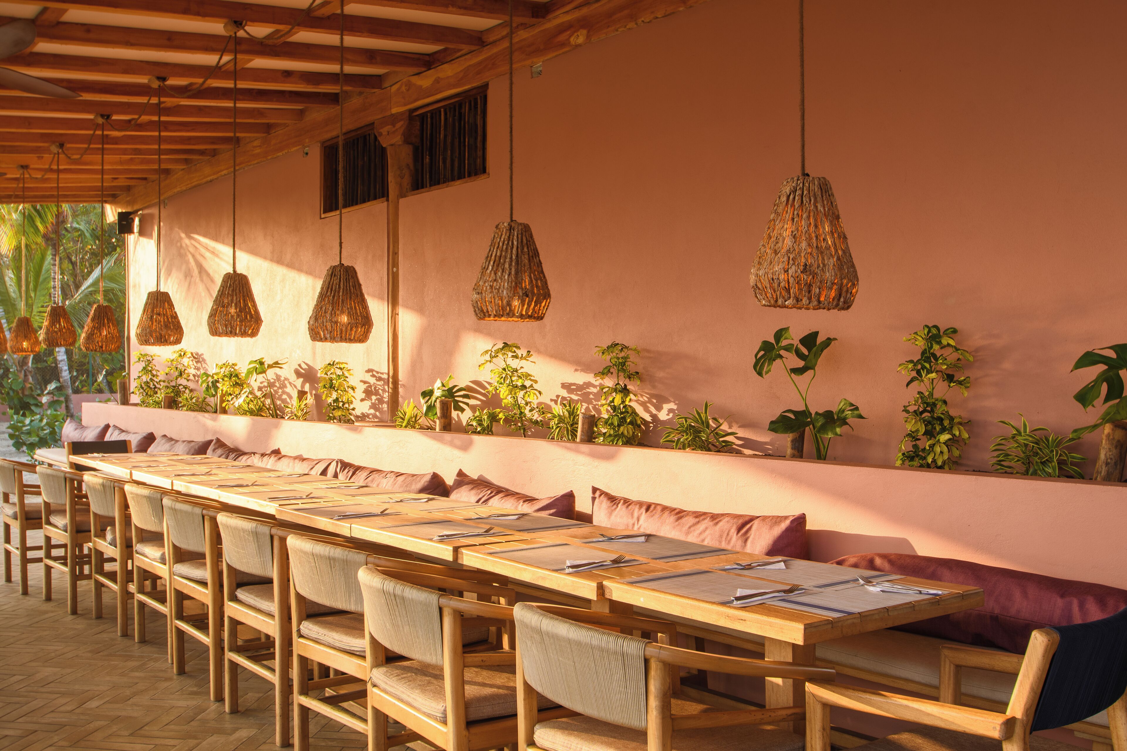 A long wooden table with chairs, hanging woven light fixtures, and potted plants against a pink wall.