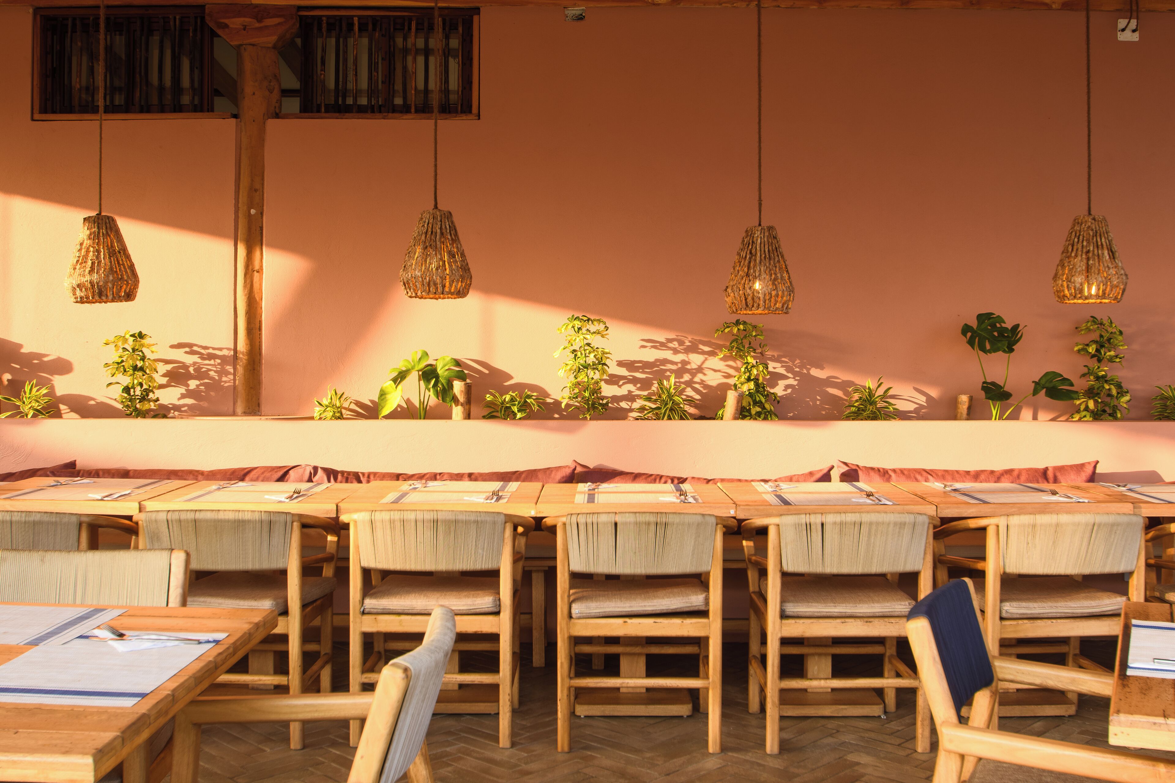 Un restaurante con mesas y sillas de madera, lámparas de mimbre colgantes y plantas en macetas sobre una pared rosa.