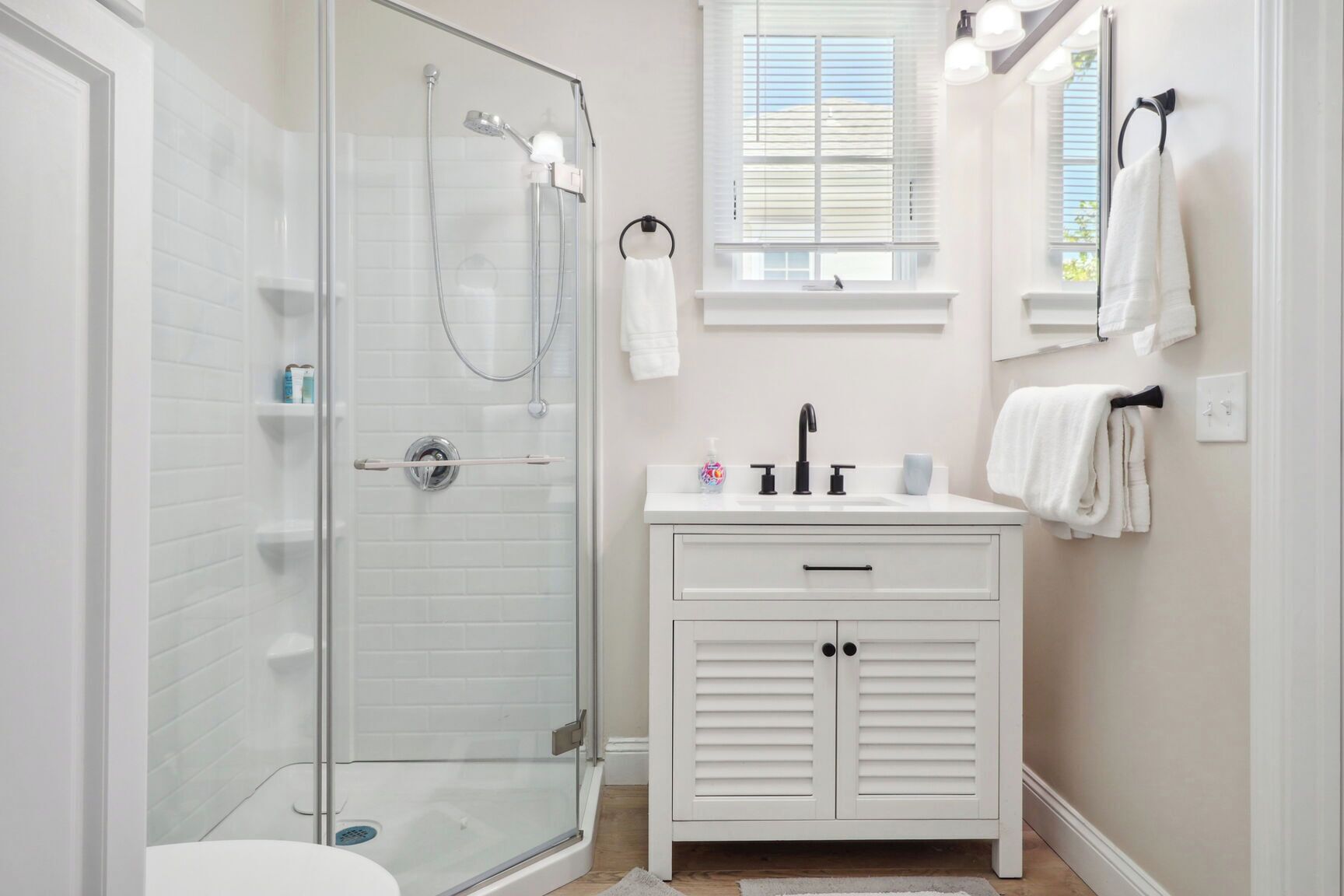 Shower, hair dryer, towels