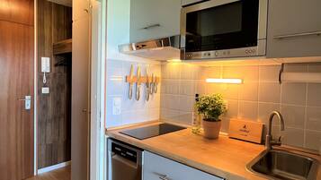 Fridge, dishwasher, cookware/dishes/utensils