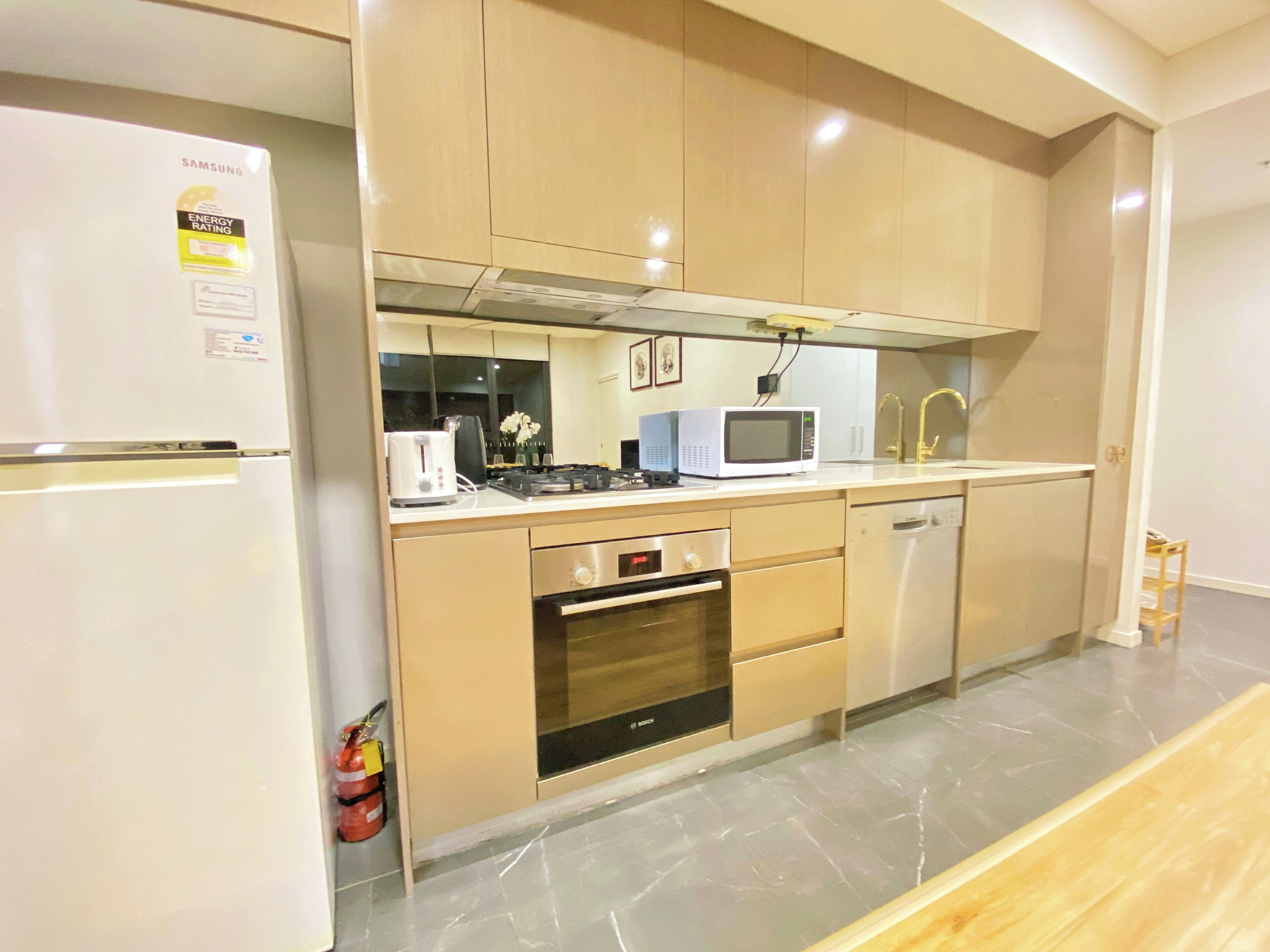 Fridge, microwave, stovetop, electric kettle