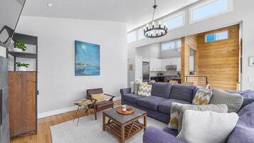 TV, fireplace, books, stereo