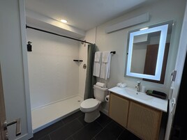 Baño con ducha, inodoro, lavabo y espejo.