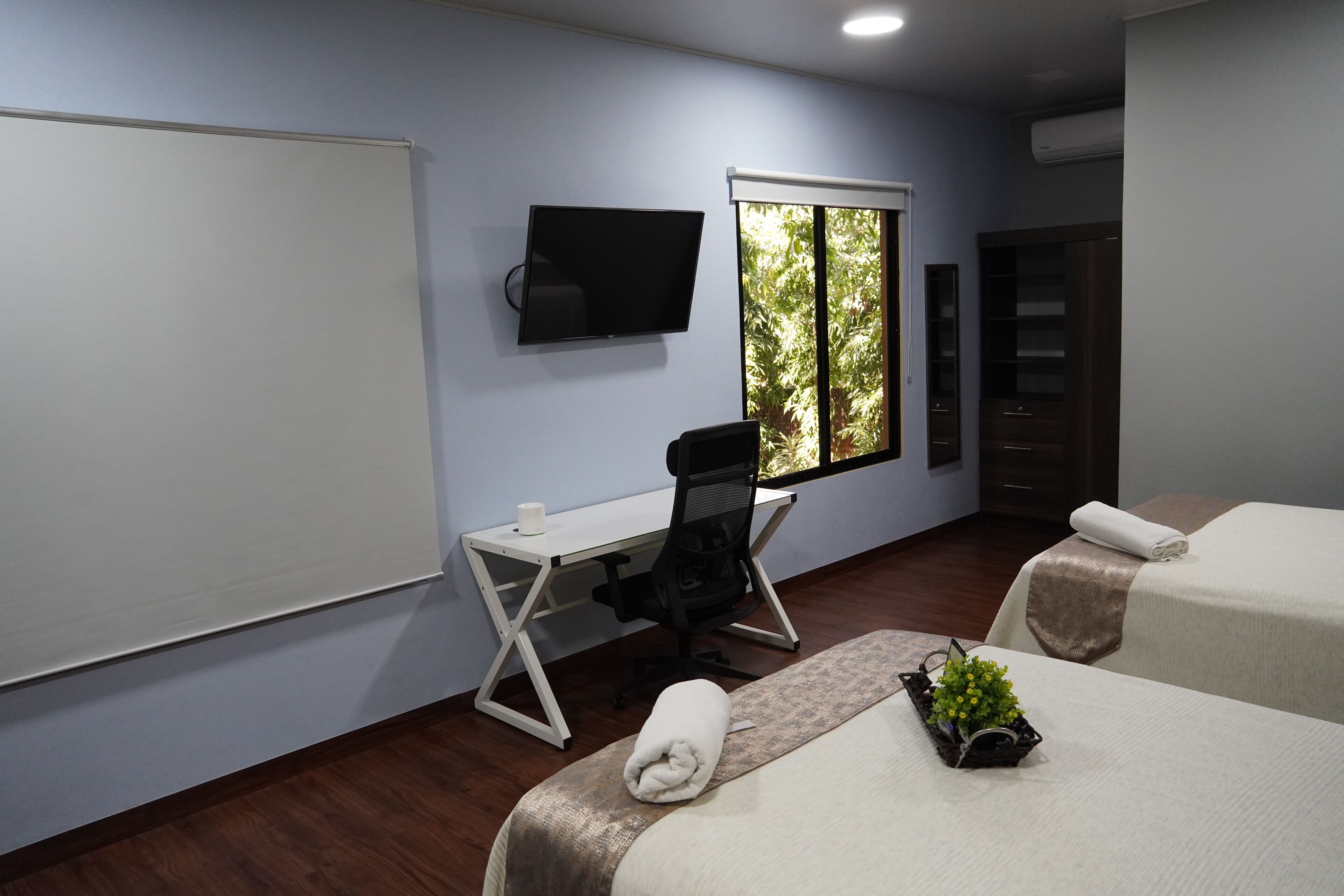A hotel room with a bed, a desk, a chair, a TV, and a window with a view of trees.