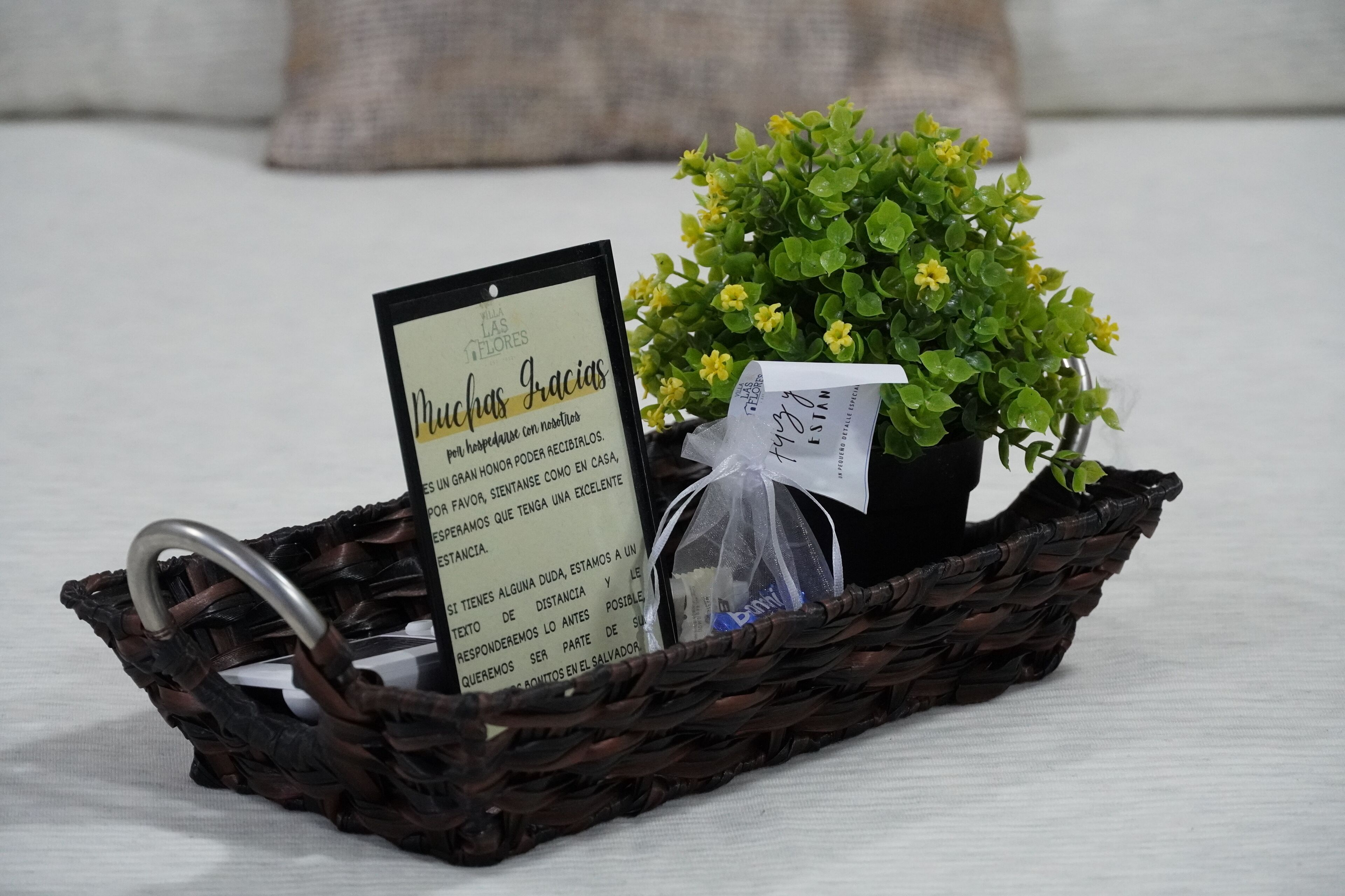 Una cesta de mimbre que contiene una pequeña planta en maceta con flores amarillas, una tarjeta con texto y una bolsa de plástico.