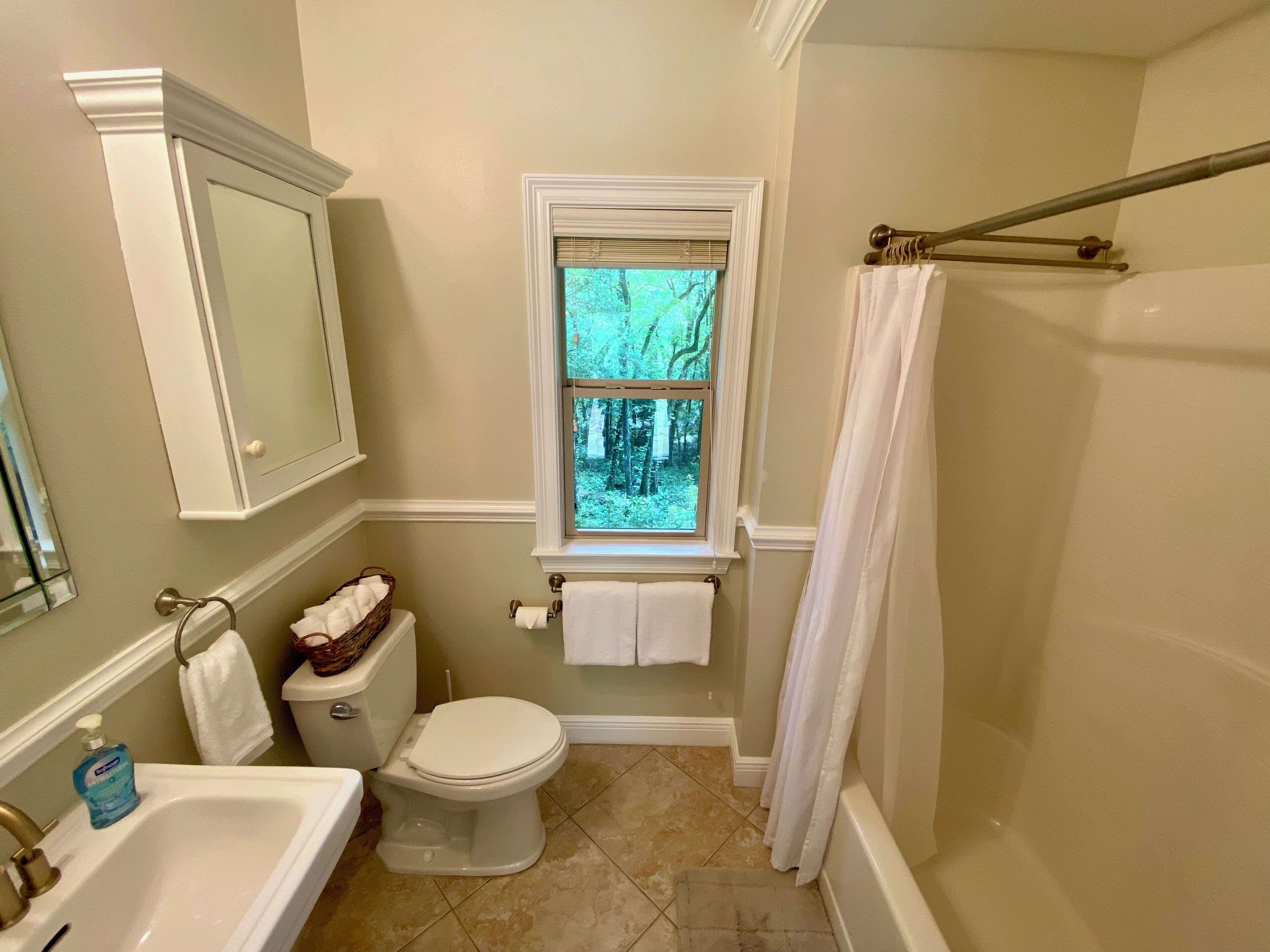 A bathroom with a toilet, sink, and bathtub. There is a window with a view of trees.