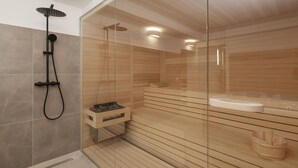 Un bany modern amb un espai de banyera de vidre, panells de fusta i un lavabo integrat.