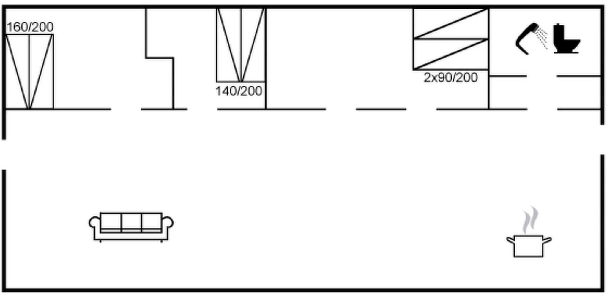 A hotel room layout with a bed, a sofa, a coffee table, and a bathroom icon indicating a toilet and shower.