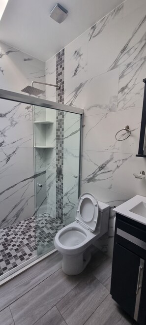 Ducha, secador de pelo, toallas, jabón