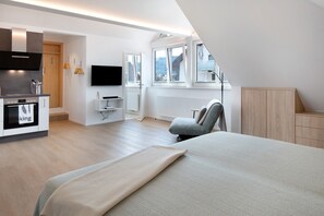 Camera moderna con un letto grande, televisione, angolo cottura e vista sull'esterno.