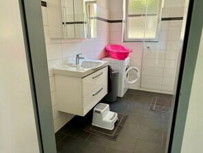 Shower, hair dryer, towels