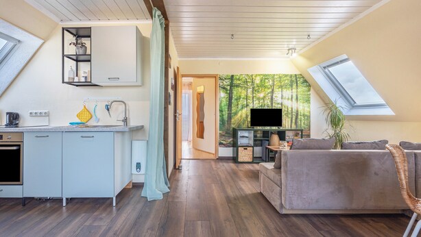 Une cuisine moderne dotée d’un four encastré, un coin repas avec un canapé et un téléviseur, et une vue sur une forêt par une grande fenêtre.