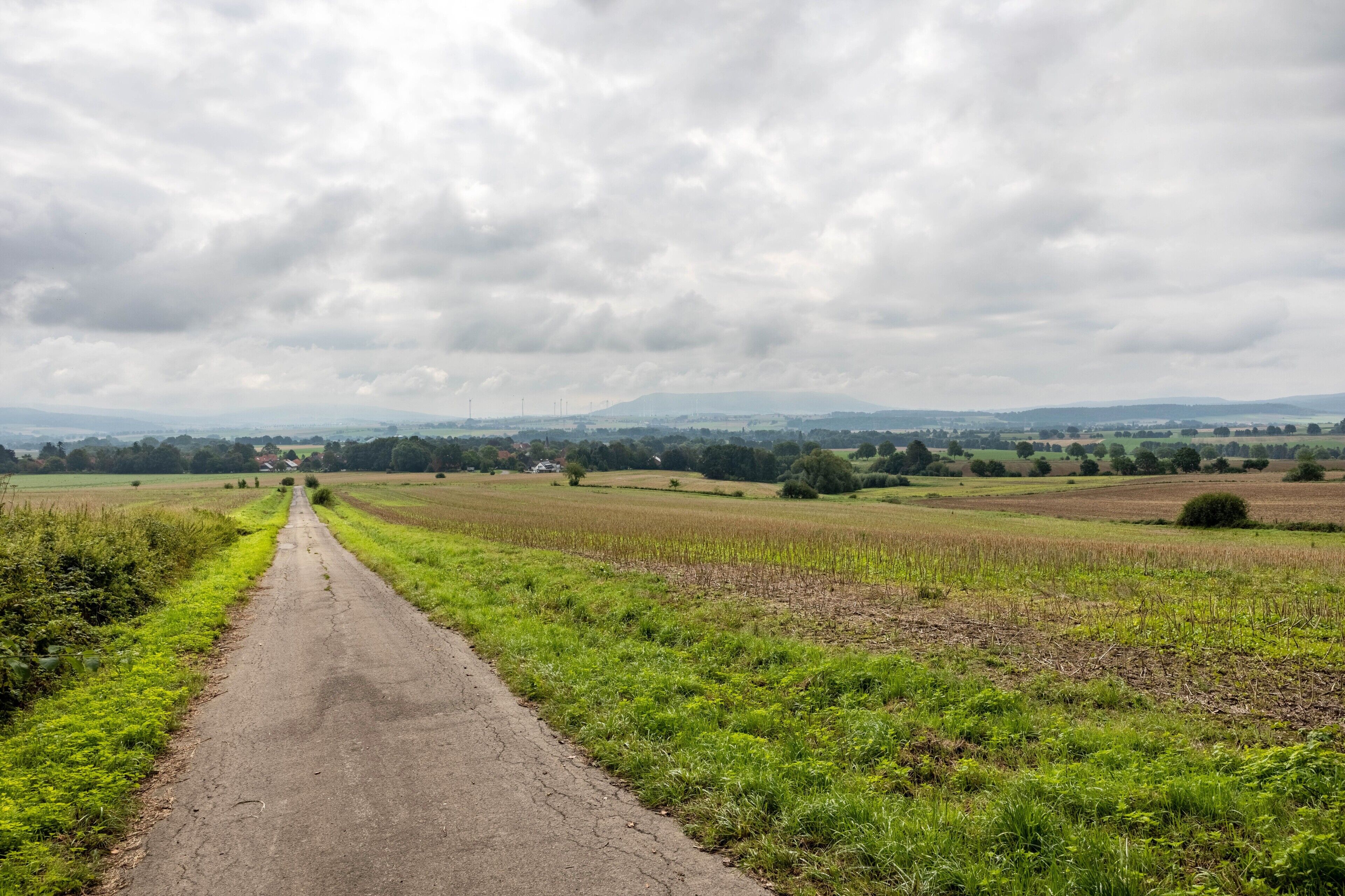 A rural road leading through fields with distant houses and hills.