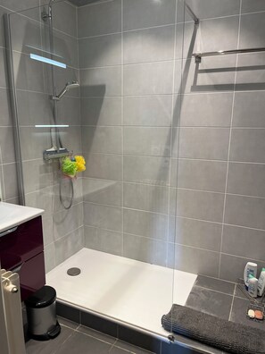 Douche, séchoir à cheveux, serviettes fournies, savon