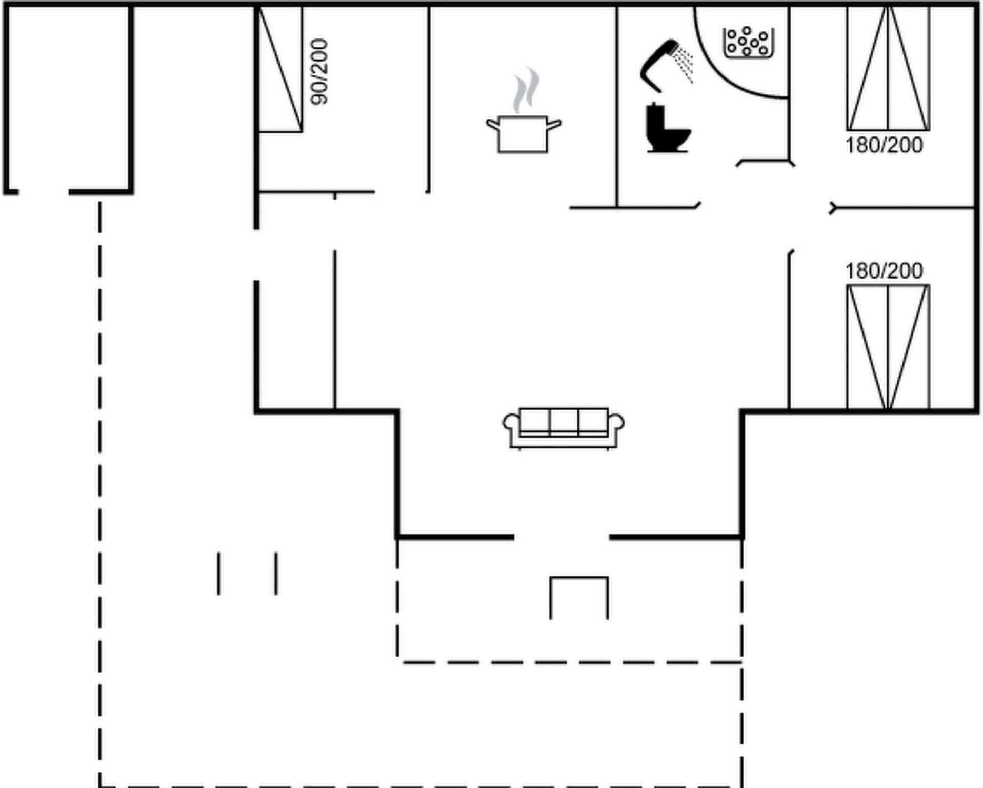 A floor plan with a kitchen, a bathroom, and a living area.